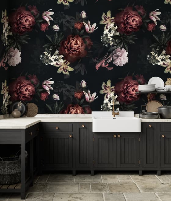 Realistic Dark Peony Floral Bouquet Wallpaper Mural