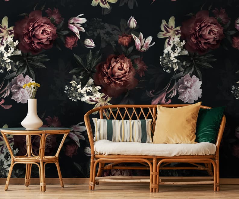 Realistic Dark Peony Floral Bouquet Wallpaper Mural