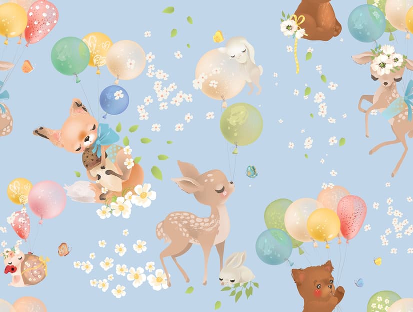 Niedliche Tiere fliegen mit Heißluftballons Kinder Fototapete
