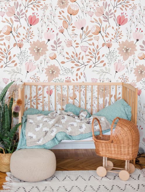 Kids Soft Light Pink / Blue Wildflowers Floral Pattern Wallpaper Mural