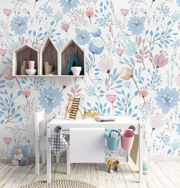 Kids Soft Light Pink / Blue Wildflowers Floral Pattern Wallpaper Mural
