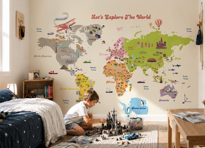Papier Peint Panoramique Éducatif et Coloré pour Enfants avec Carte du Monde