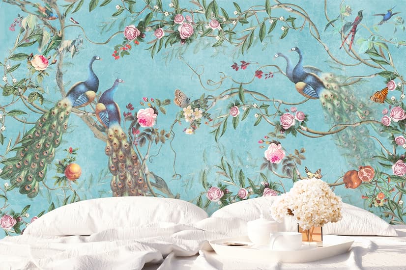 Peacock with Peony Blossom Wallpaper Mural