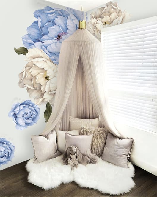 Blue White Peony Floral Bouqets with Green Leaves Wall Decal Sticker
