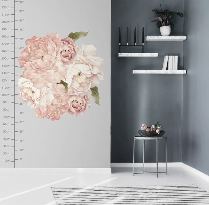 Pink Peony Floral Bouqets with Green Leaves Wall Decal Sticker