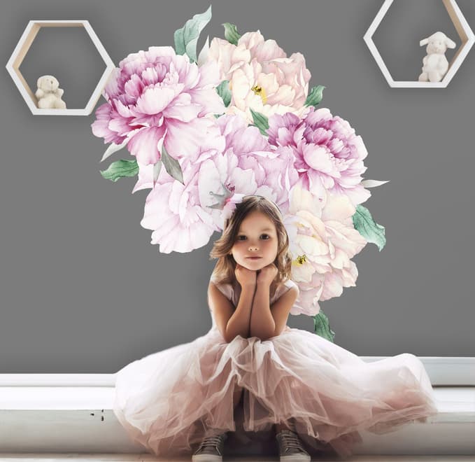 Watercolor Pink White Floral Bouqets with Green Leaf Wall Decal Sticker