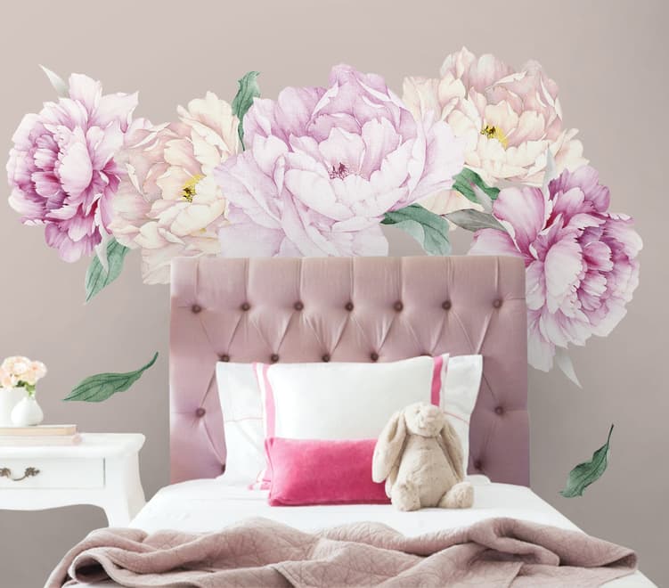 Watercolor Pink White Floral Bouqets with Green Leaf Wall Decal Sticker