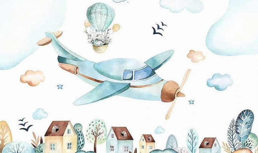 Watercolor Cartoon Village and Airplane Wallpaper Mural