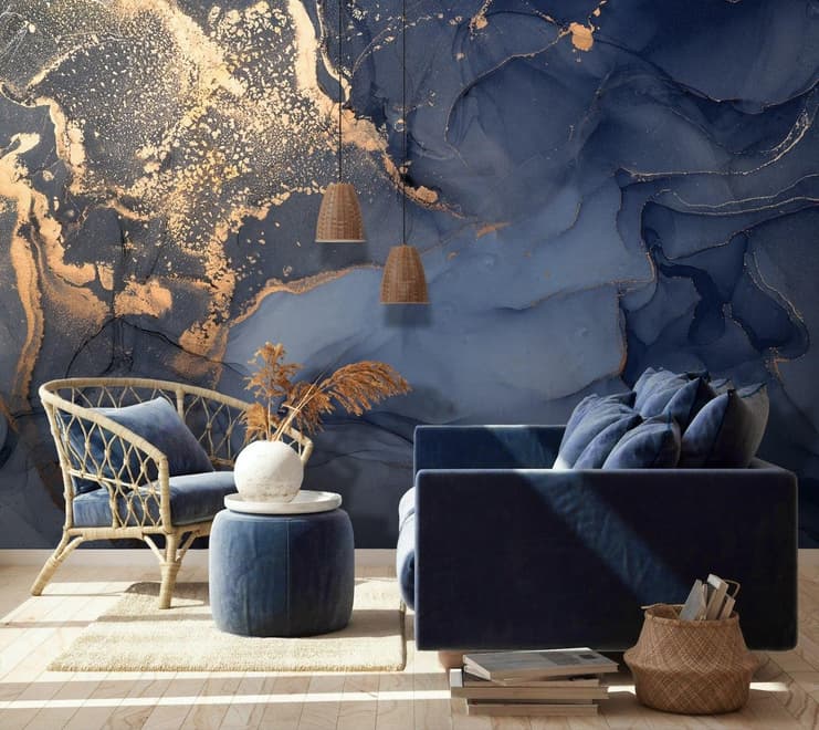 Blue Gold Look Marble with Splash Wallpaper Mural