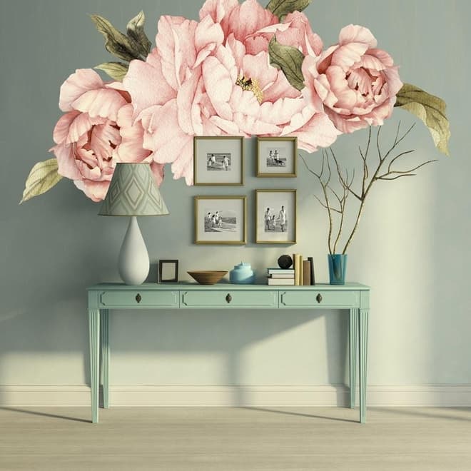 Stickers muraux pivoines roses feuilles vertes