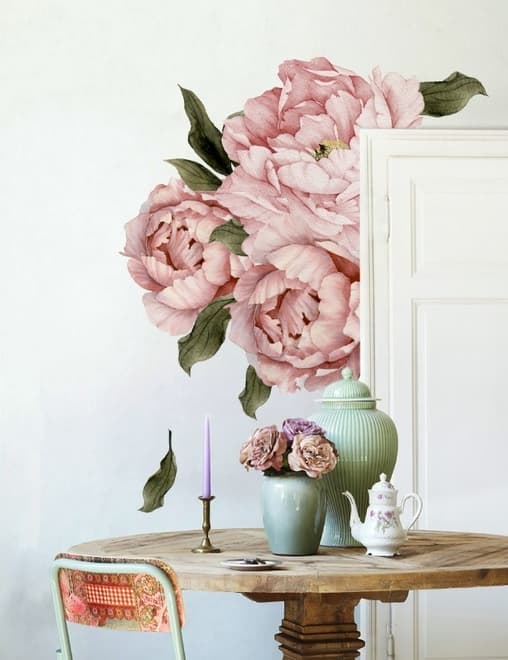 Pink Pfingstrosen Florals mit Grünen Blättern Wandtattoo