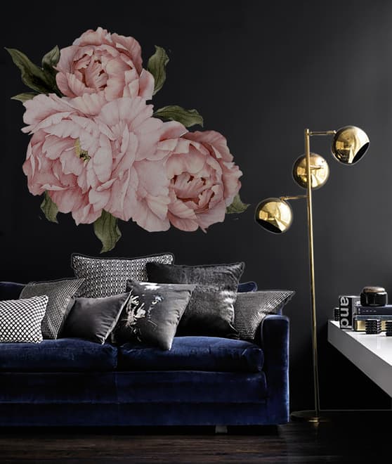 Pink Pfingstrosen Florals mit Grünen Blättern Wandtattoo
