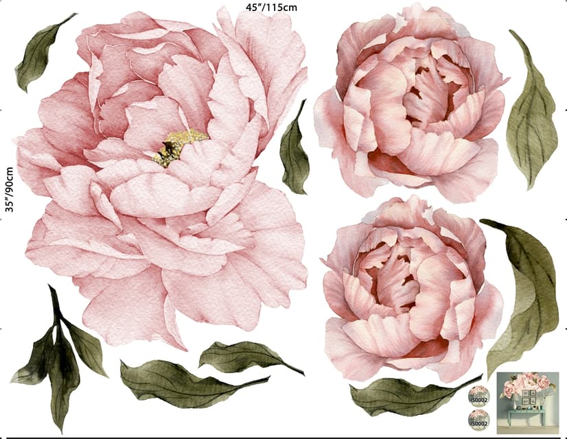 Pink Pfingstrosen Florals mit Grünen Blättern Wandtattoo