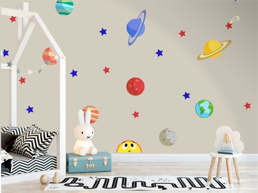 Planètes colorées et soleil joyeux avec étoiles Stickers muraux