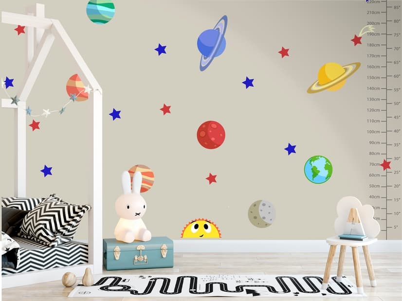 Planètes colorées et soleil joyeux avec étoiles Stickers muraux