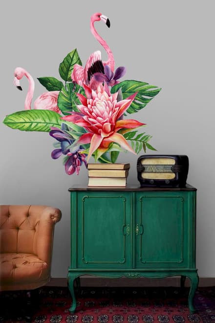 Tropical Protea Floral with Flamingo Wall Decal Sticker
