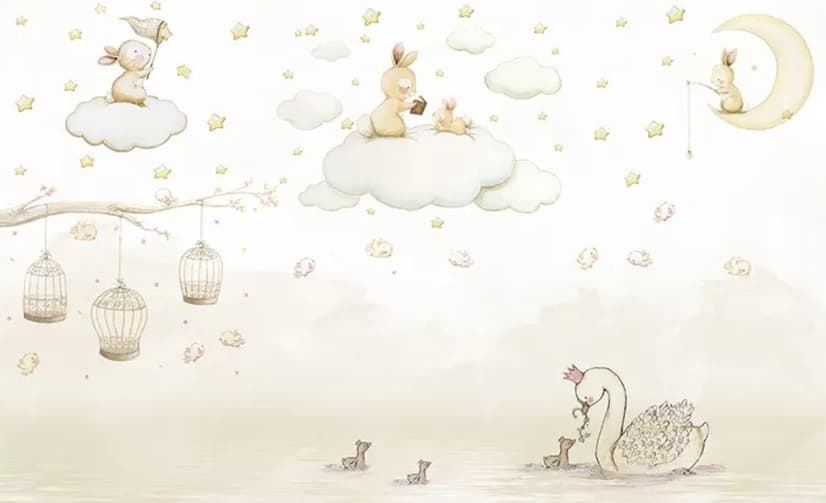 Rabbits on the Clouds and Empty Cages Wallpaper Mural
