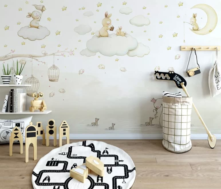 Rabbits on the Clouds and Empty Cages Wallpaper Mural