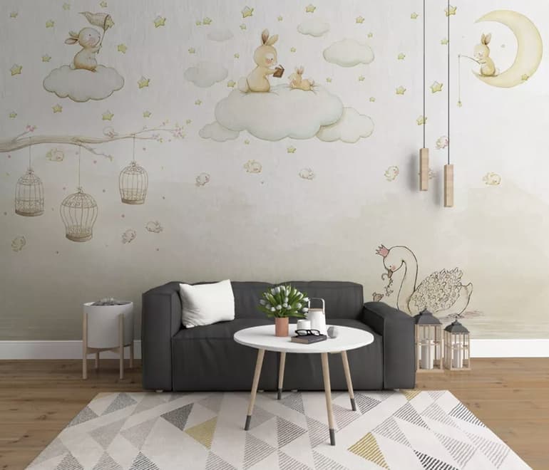 Rabbits on the Clouds and Empty Cages Wallpaper Mural