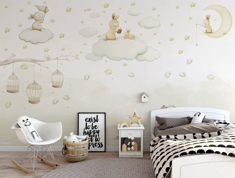 Rabbits on the Clouds and Empty Cages Wallpaper Mural