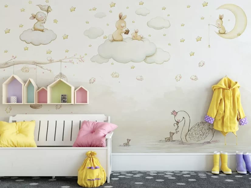 Rabbits on the Clouds and Empty Cages Wallpaper Mural