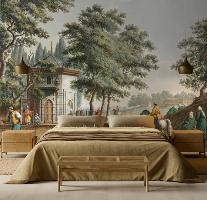 Vintage Rural Landscape with Village Folk Wallpaper Mural