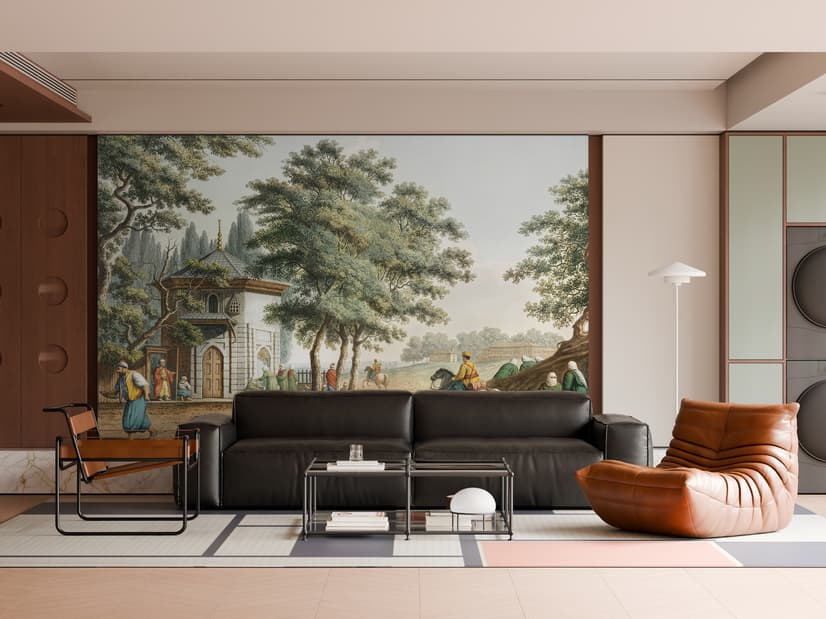 Vintage Rural Landscape with Village Folk Wallpaper Mural