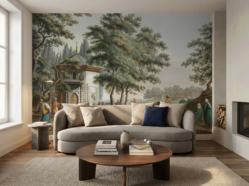 Vintage Rural Landscape with Village Folk Wallpaper Mural
