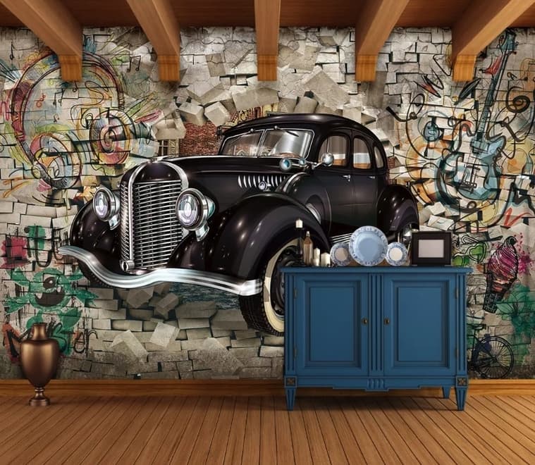 Retro Classic Car with Graffiti Wallpaper Mural