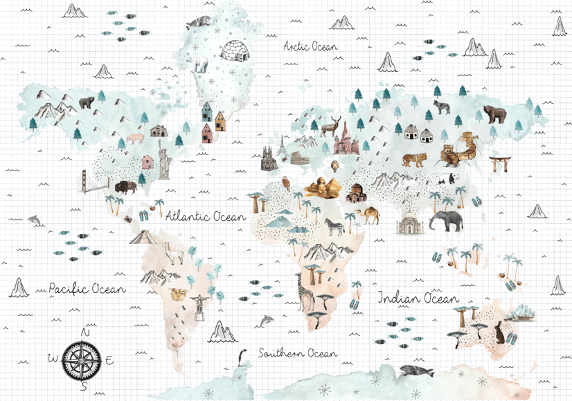 Kids Map with Little Animals Wallpaper Mural