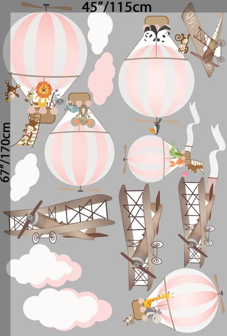 Kids Pink Hot Air Balloon and Brown Aircraft with Clouds Wall Decal Sticker