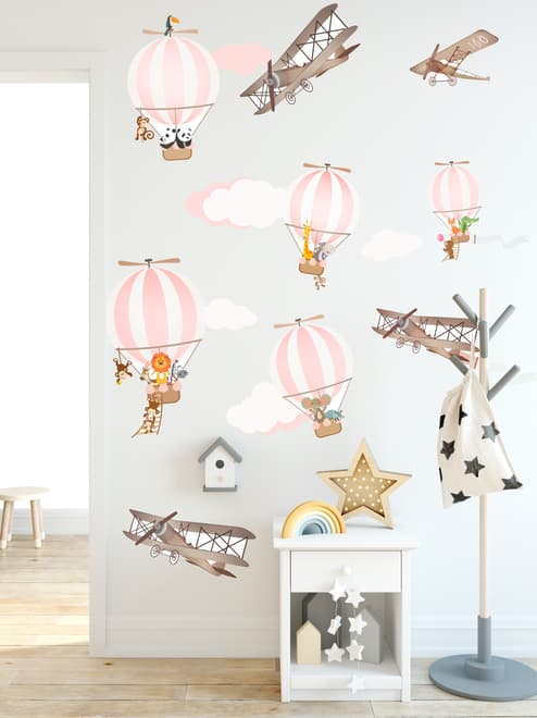 Kids Pink Hot Air Balloon and Brown Aircraft with Clouds Wall Decal Sticker