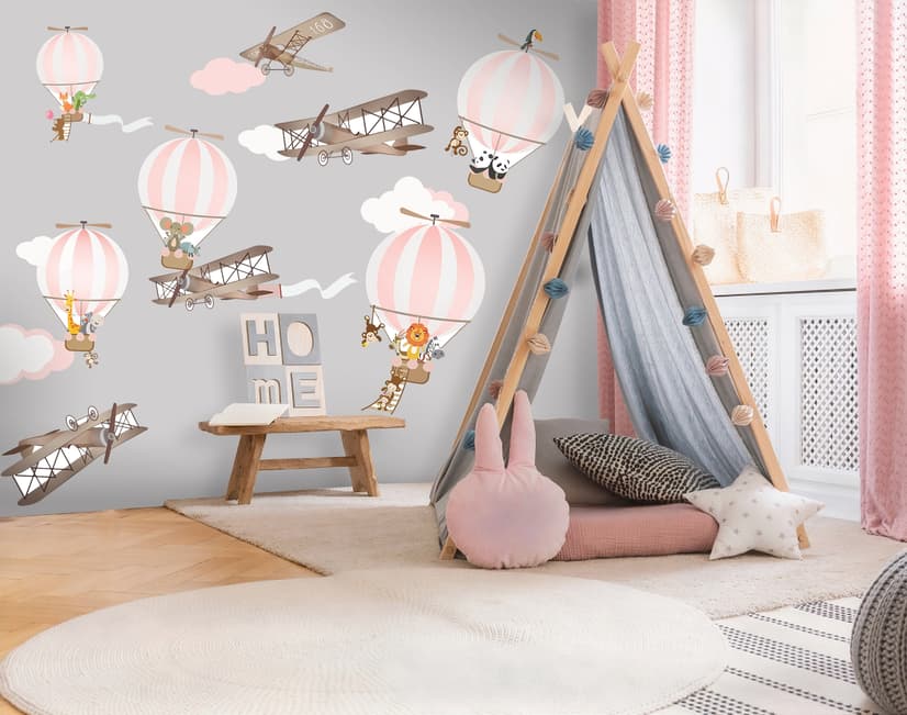 Kids Pink Hot Air Balloon and Brown Aircraft with Clouds Wall Decal Sticker