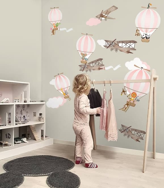 Kids Pink Hot Air Balloon and Brown Aircraft with Clouds Wall Decal Sticker