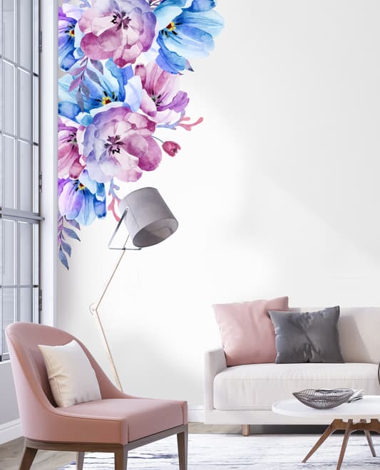 Watercolor Pink Blue Gardenia Floral Bouqets Wall Decal Sticker