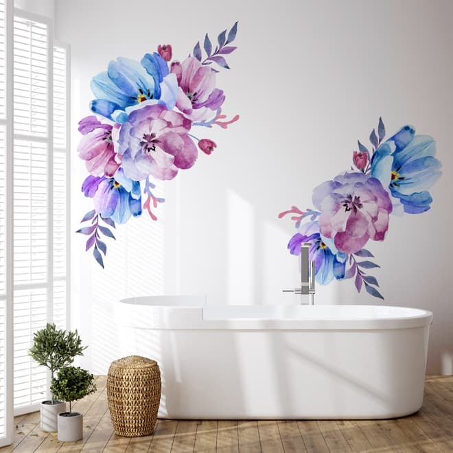 Watercolor Pink Blue Gardenia Floral Bouqets Wall Decal Sticker