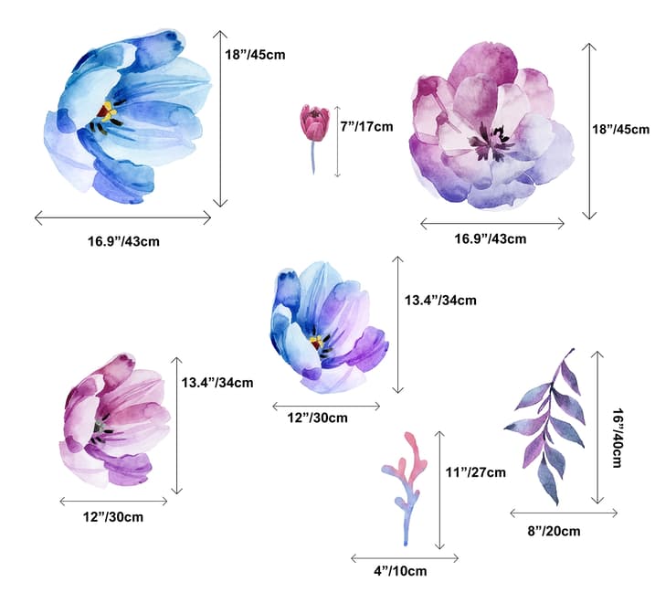 Watercolor Pink Blue Gardenia Floral Bouqets Wall Decal Sticker