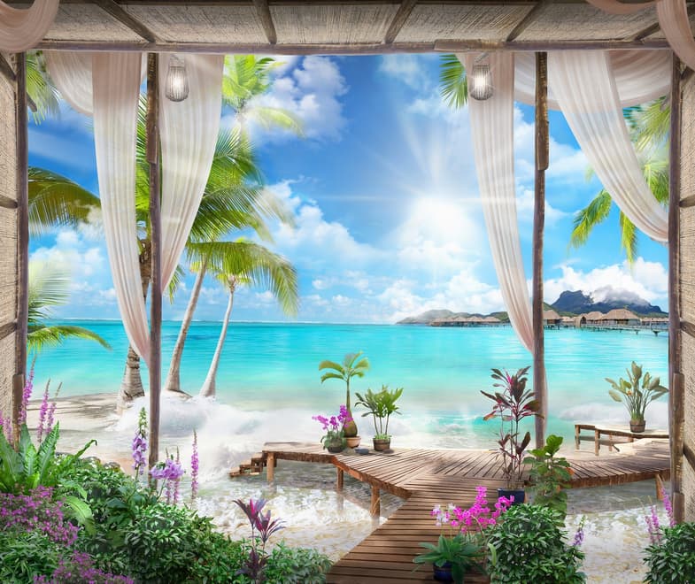 3D Look  Blue Sea Landscape with Old Arches and Palm Trees Wallpaper Mural