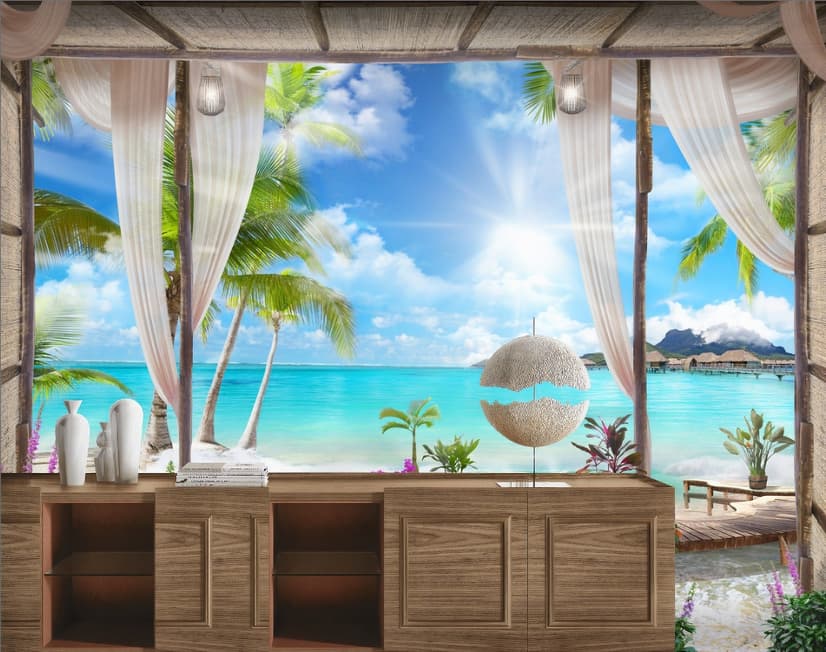 3D Look  Blue Sea Landscape with Old Arches and Palm Trees Wallpaper Mural