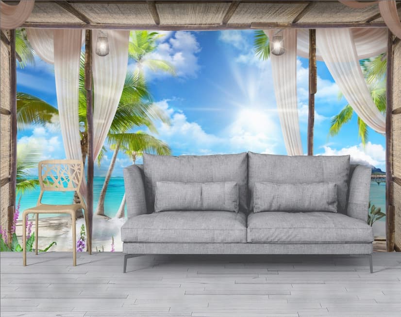 3D Look  Blue Sea Landscape with Old Arches and Palm Trees Wallpaper Mural