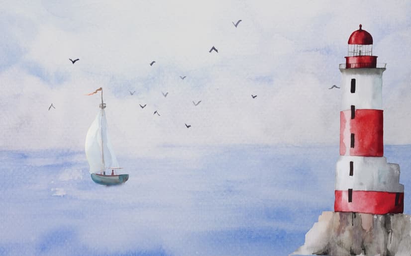 Watercolor Lighthouse and Sailboat Wallpaper Mural
