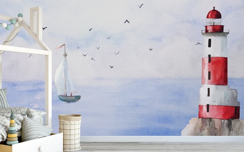 Watercolor Lighthouse and Sailboat Wallpaper Mural