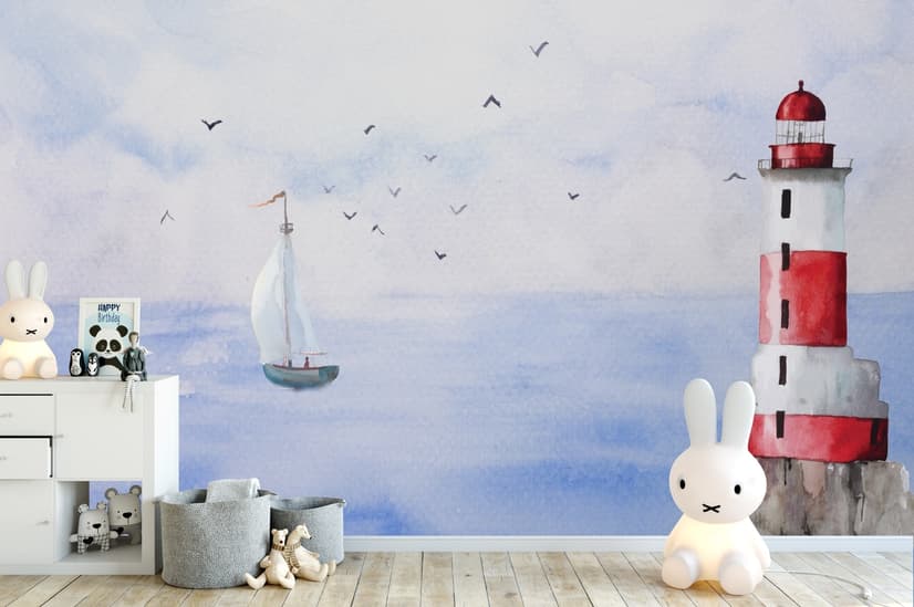 Watercolor Lighthouse and Sailboat Wallpaper Mural