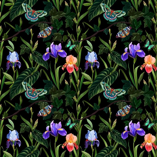 Dark Purple Flowers with Butterflies Wallpaper Mural