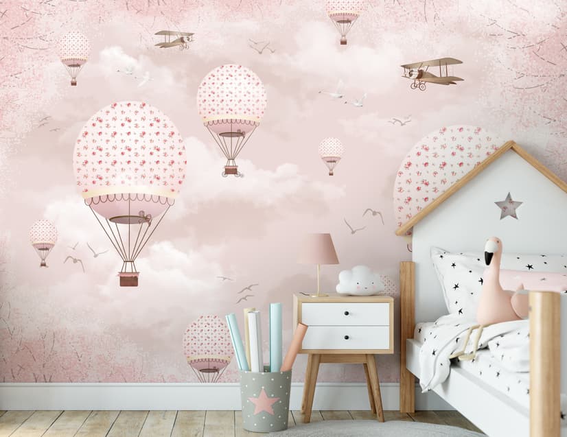 Kids Girls Pink Sky of Hot Air Balloon and Aircraft Wallpaper Mural