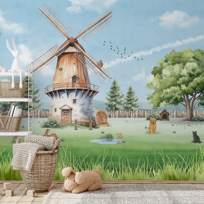 Cute Kids Windmill Farm Animals Wallpaper Mural