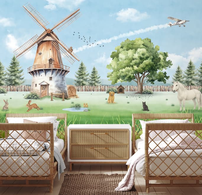 Cute Kids Windmill Farm Animals Wallpaper Mural