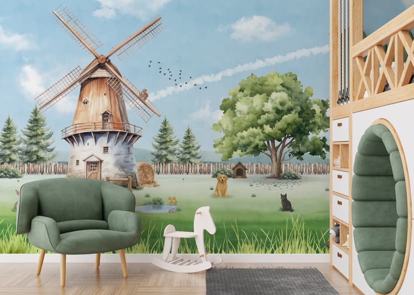 Cute Kids Windmill Farm Animals Wallpaper Mural