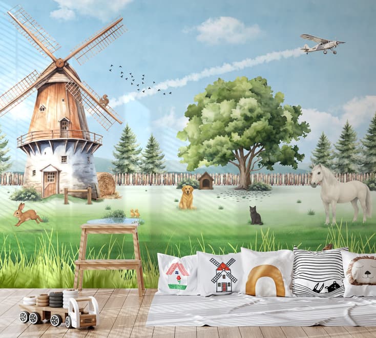 Cute Kids Windmill Farm Animals Wallpaper Mural