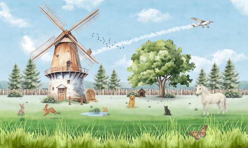 Cute Kids Windmill Farm Animals Wallpaper Mural